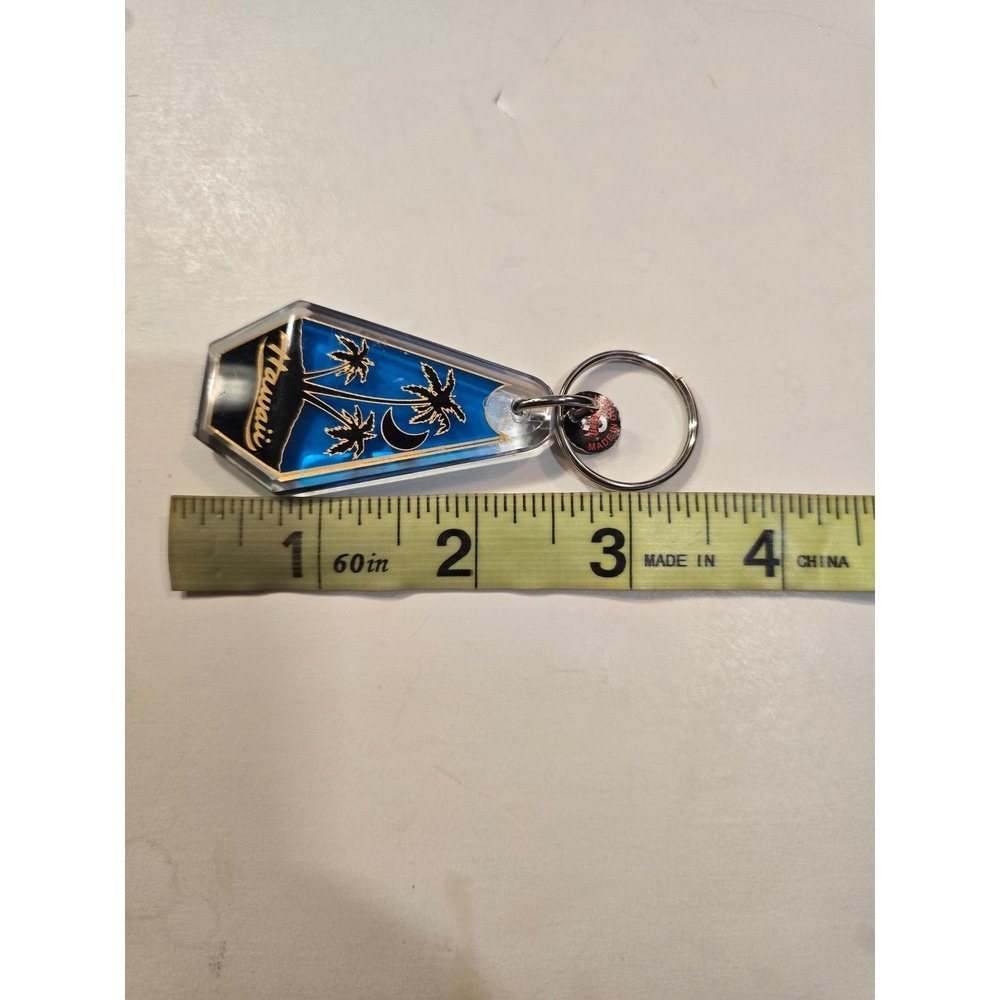 Vintage Hawaii Souvenir Keychain Blue Acrylic Palm Trees Moon Coffin Shape
